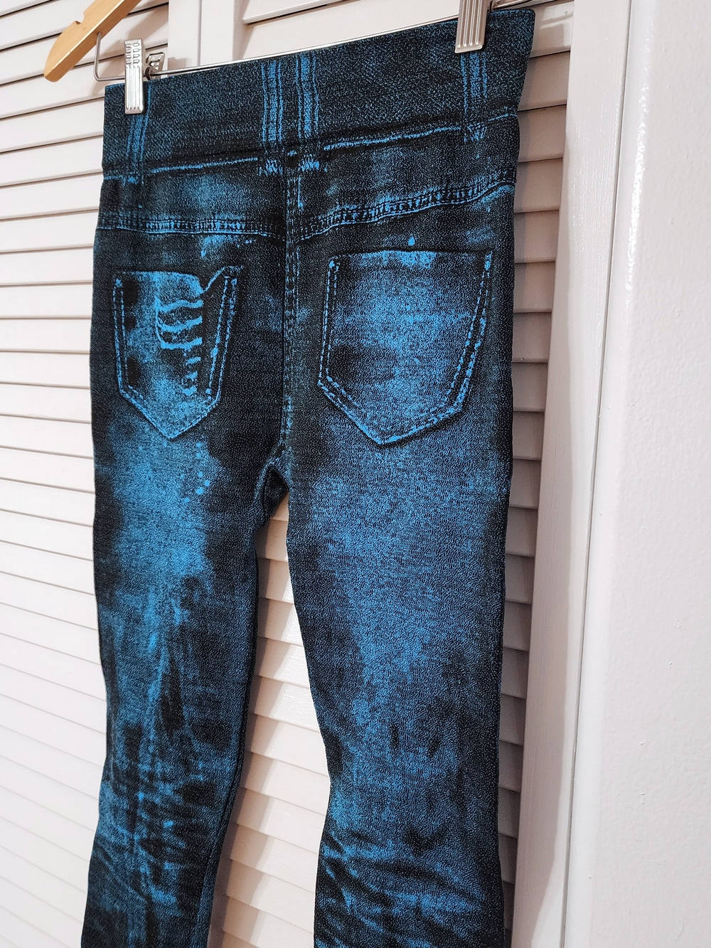 Blue Distressed Jeggings - Stretch Denim-Look Leggings, High Waisted - Picture 7 of 9